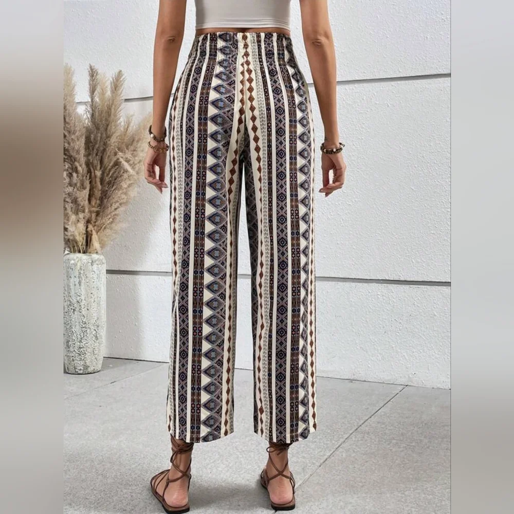 NWT Womens Wide Leg Pants High Elastic Waist Adjustable Knot Vaca Boho Geo Print